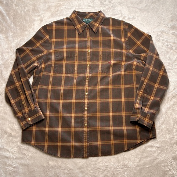 Polo Ralph Lauren Tops - Lauren Ralph Lauren Brown Plaid Button Up Shirt‎ Womens 1X Cotton Preppy